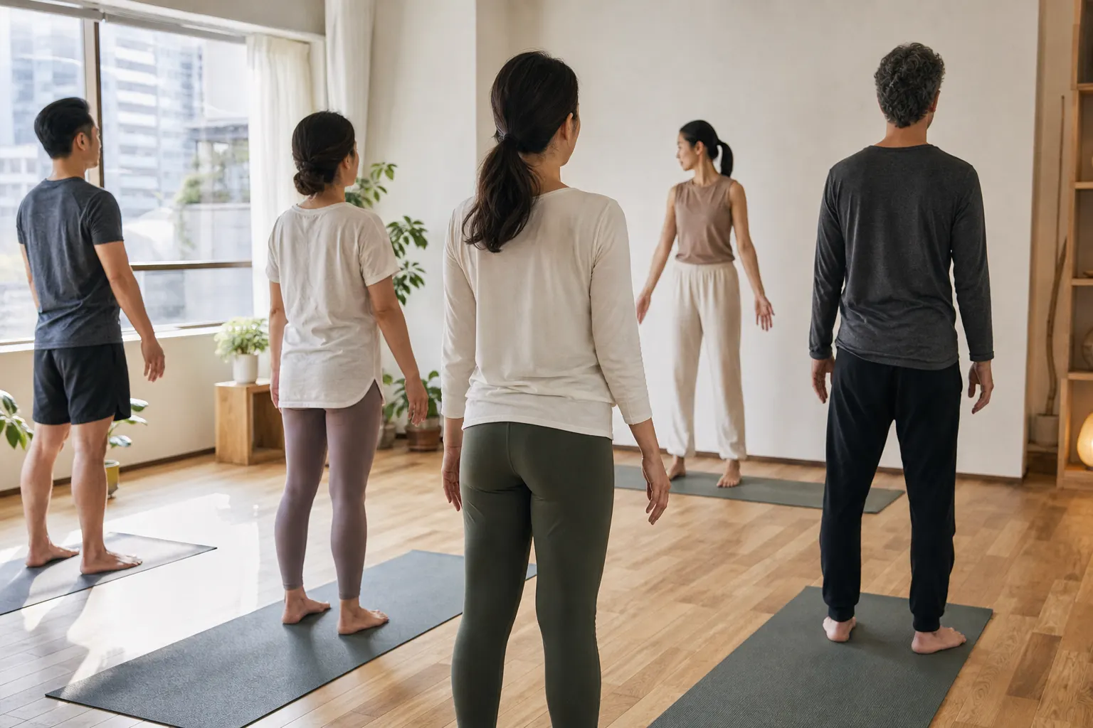 東京のスタジオで、少人数のクラスが静かにヨーガを学んでいる様子