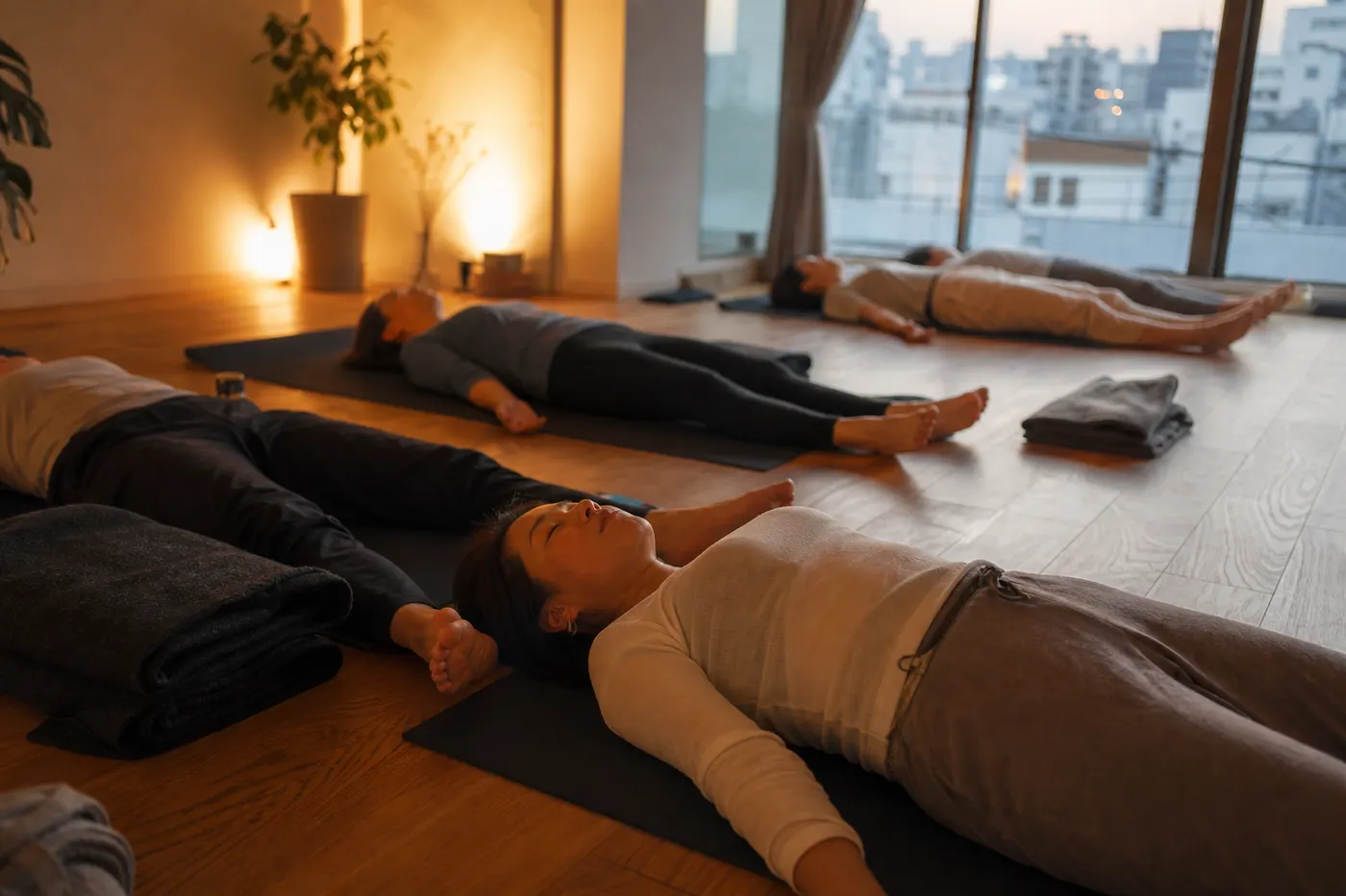 落ち着いた照明のスタジオでゆったりとしたポーズをとる様子